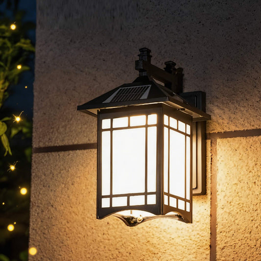 Solar Lights Outdoor Retro Lantern Wall Sconce Wall Mounted Die-Cast Aluminum with Glass Shade and Motion Sensor